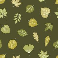 Seamless pattern with leaves on dark background, spring or summer leaf of maple, linden, ginkgo, chestnut, and other. Template for textile, package, wrapping paper. Green colors, illustration vector