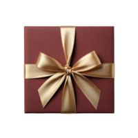 Top View Red Texture Square Box with Golden Ribbon Bow Isolated on Transparent Background png