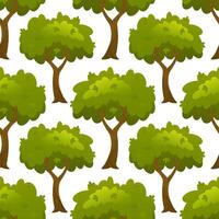 Cartoon green trees with lush foliage and brown trunks arranged in seamless repeating pattern. Flat background illustration. Forest and nature concept. Design for wallpaper, textile, print vector