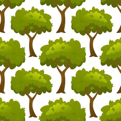 Cartoon green trees with lush foliage and brown trunks arranged in seamless repeating pattern. Flat background illustration. Forest and nature concept. Design for wallpaper, textile, print