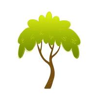 Single stylized green tree with wide clustered foliage and curved brown trunk on white background. Flat cartoon illustration. Forest and park concept. Design for banner, poster and print. vector