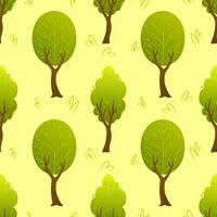 Seamless pattern with stylized green trees featuring oval and rounded foliage on light yellow background. Flat cartoon forest illustration. Nature concept. Design for wallpaper, textile, print and vector