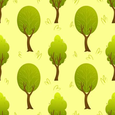 Seamless pattern with stylized green trees featuring oval and rounded foliage on light yellow background. Flat cartoon forest illustration. Nature concept. Design for wallpaper, textile, print and