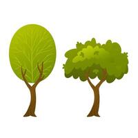 Set of two stylized green trees with oval and narrow foliage shapes and straight trunks on white background. Flat cartoon illustration. Forest and park concept. Design for banner, poster and print. vector