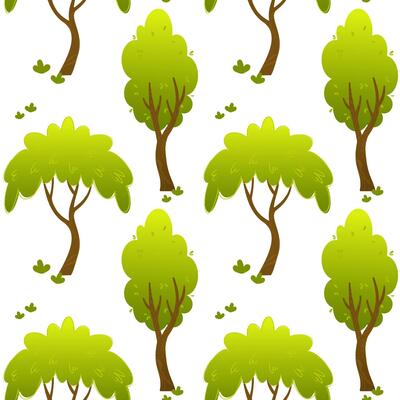 Seamless pattern with two stylized green trees repeating on a white background. Flat cartoon forest illustration. Nature and environment concept. Design for wallpaper, textile, poster and print.