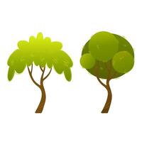 Two stylized green trees with curved trunks and different round and clustered foliage shapes on a white background. Flat cartoon illustration. Forest and park concept. Design for banner and poster. vector