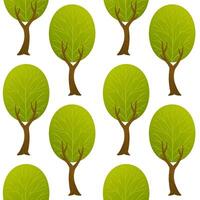 Cartoon green trees with textured branches and brown trunks arranged in a seamless repeating pattern on white background. Flat background illustration. Forest and nature concept. Design for vector