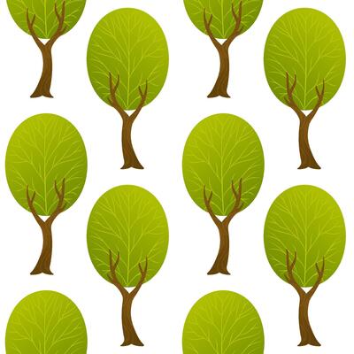 Cartoon green trees with textured branches and brown trunks arranged in a seamless repeating pattern on white background. Flat background illustration. Forest and nature concept. Design for