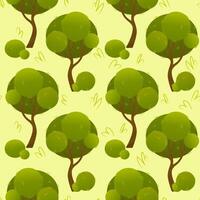 Seamless pattern with stylized green trees with rounded leaves on light green background. Flat cartoon illustration of a forest. Nature Concept. Design for wallpaper, textiles, prints and posters. vector