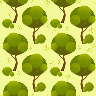 Seamless pattern with stylized green trees with rounded leaves on light green background. Flat cartoon illustration of a forest. Nature Concept. Design for wallpaper, textiles, prints and posters.