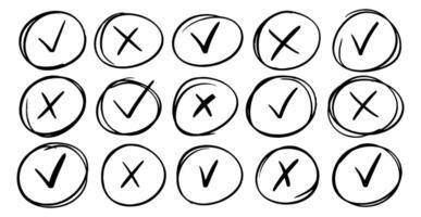 Collection of circle frames with crosses and checkmarks. handdrawn doodle marker. hand drawn check and cross mark vector