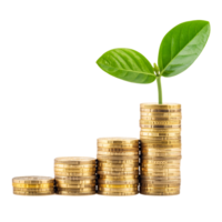 Stacks of Gold Coins with Sprout on Transparent Background, Metallic Currency png