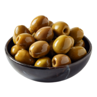 Shiny Green Pitted Olives Filling Dark Bowl Against Transparent Background png