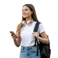 Smiling Woman with Backpack and Headphones Using Smartphone on Transparent Background png