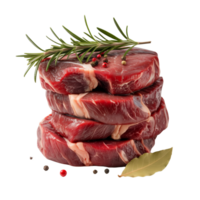 Stacked Raw Beef Steaks with Rosemary, Bay Leaf and Peppercorns on Transparent Background png