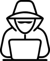 A person in a hoodie and hat is using a laptop vector