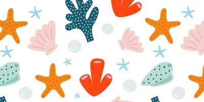 summer seamless pattern with colorful seashells and corals. Summer pattern for various products, textile, clothes, wrapping paper, background, wallpaper. Seamless cartoon oceanic print vector