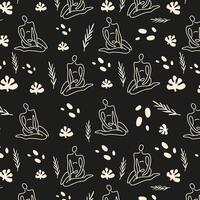 Linear black and white seamless pattern with abstract plants and line body vector