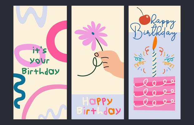 Set of birthday greeting cards with cake, candle, flower, abstract colorful shape. Holiday and party celebration. Cartoon doodle illustration