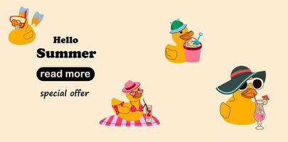 Web page design template. Summer Fun Rubber Ducks at the Beach. Playful Cartoon Set vector