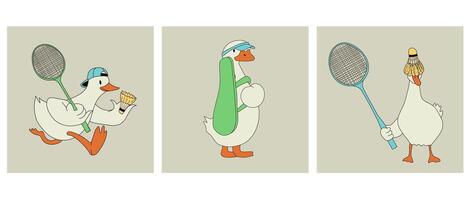 Set of three Cartoon Duck Playing Badminton with Racket and Shuttlecock vector