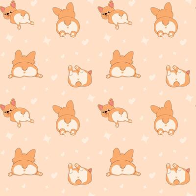 Seamless pattern with Funny and Cute Corgi Butts. Heart Design Dog Characters