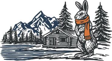 Rustic Mountain Scene with Rabbit in Scarf and Cabin Illustration vector