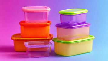 A stack of colorful plastic containers on a colorful background photo