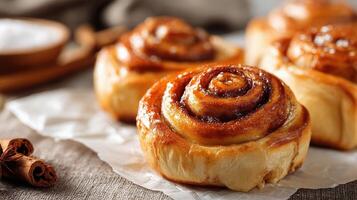 Cinnamon buns on a table with cinnamon sticks photo