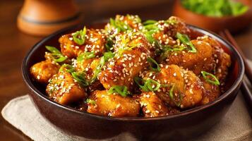 Chicken with sesame seeds and green onions in a bowl photo