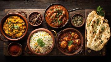 Indian food dishes on a wooden table photo