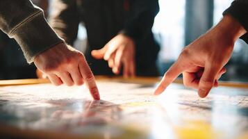 Three people pointing at a map on a table photo