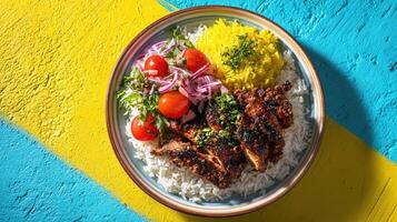 Chicken kebab with rice and vegetables on a colorful background photo