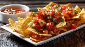 Nachos with salsa and tomato sauce photo