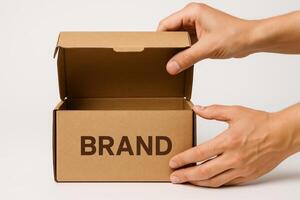 Hands opening cardboard box with word brand on plain background, mockup for product packaging and branding presentation photo