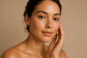 Portrait of young woman with glowing skin touching face. Skincare, wellness and beauty concept on neutral beige background in studio light photo