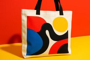 Canvas tote bag with abstract geometric design in red, yellow, blue, and black on vibrant background. Artistic fashion accessory photo