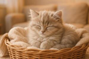 Fluffy kitten sleeping in wicker basket on soft blanket in cozy indoor setting photo