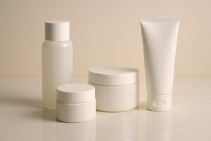 Set of blank cosmetic containers on neutral background. Minimalist skincare packaging mockup for branding design photo