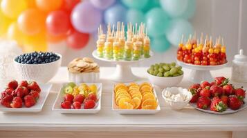 A table with fruit and candy on sticks photo