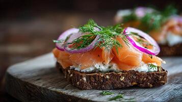 Smoked salmon and cream cheese on toast photo