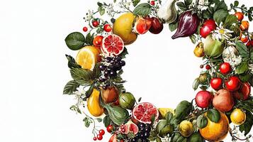A wreath of fruits and vegetables is shown photo
