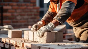 A man in an orange shirt and white gloves is working on bricks photo