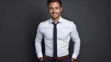 A man in a white shirt and tie standing in front of a gray background photo