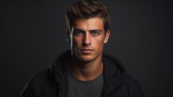 A young man in a black jacket looking at the camera photo