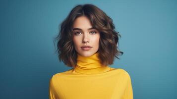 Beautiful woman in yellow turtle neck top looking at camera photo