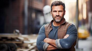 A man with a beard and vest standing in front of a building photo