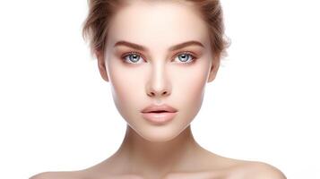 Beautiful young woman with clear skin and blue eyes photo