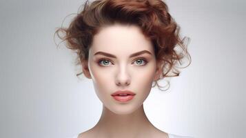 Beautiful woman with curly hair and green eyes photo