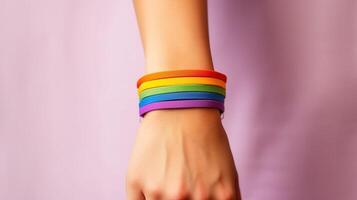 A woman's hand with a rainbow bracelet on it photo